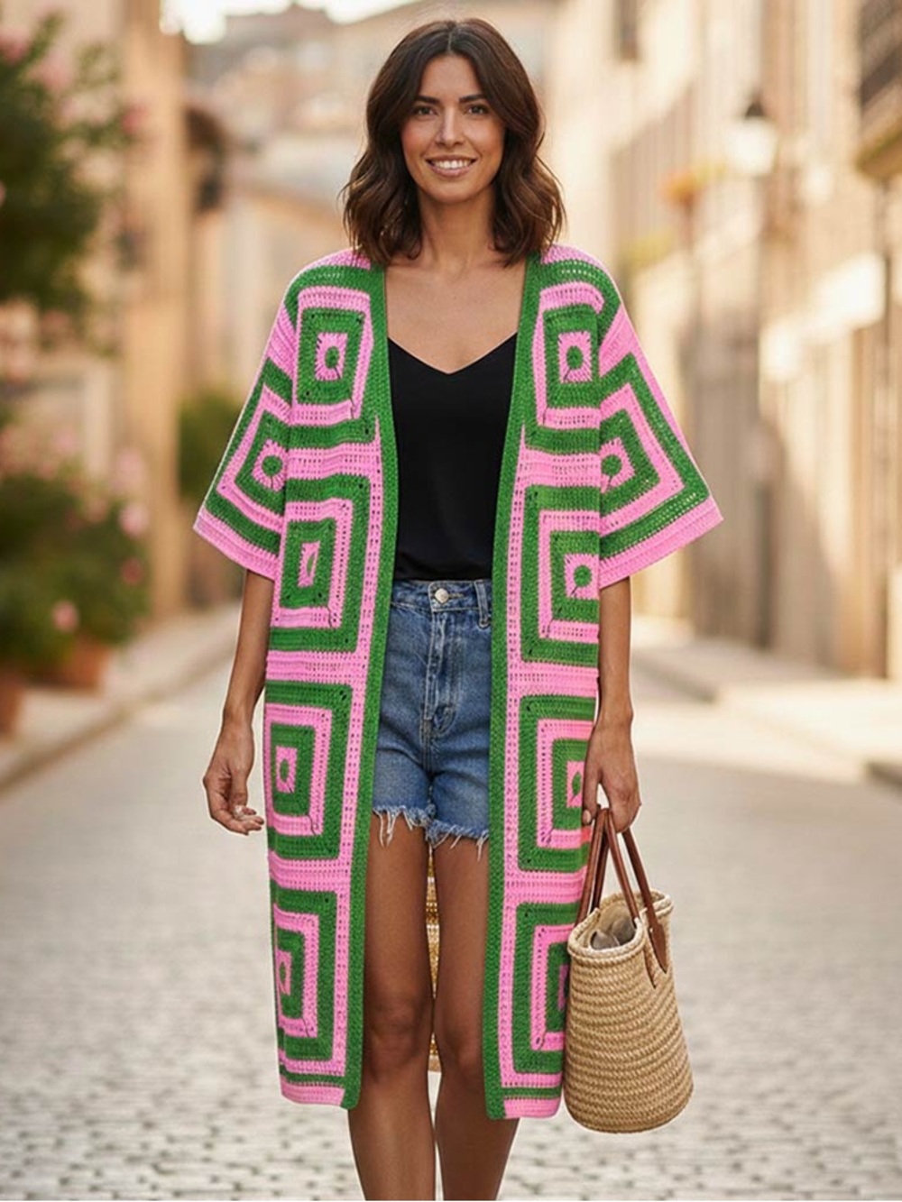 Pink & Green Geometric Crochet Duster